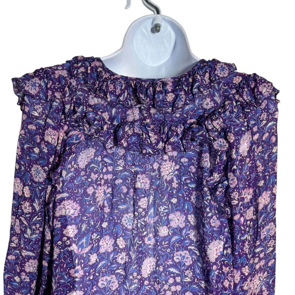 MAJE Purple Dahlia ruffle long sleeve top size 3 Large ties in front floral - Picture 5 of 10